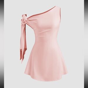Cider Pastel Pink Asymmetrical Neck Knotted Mini Dress